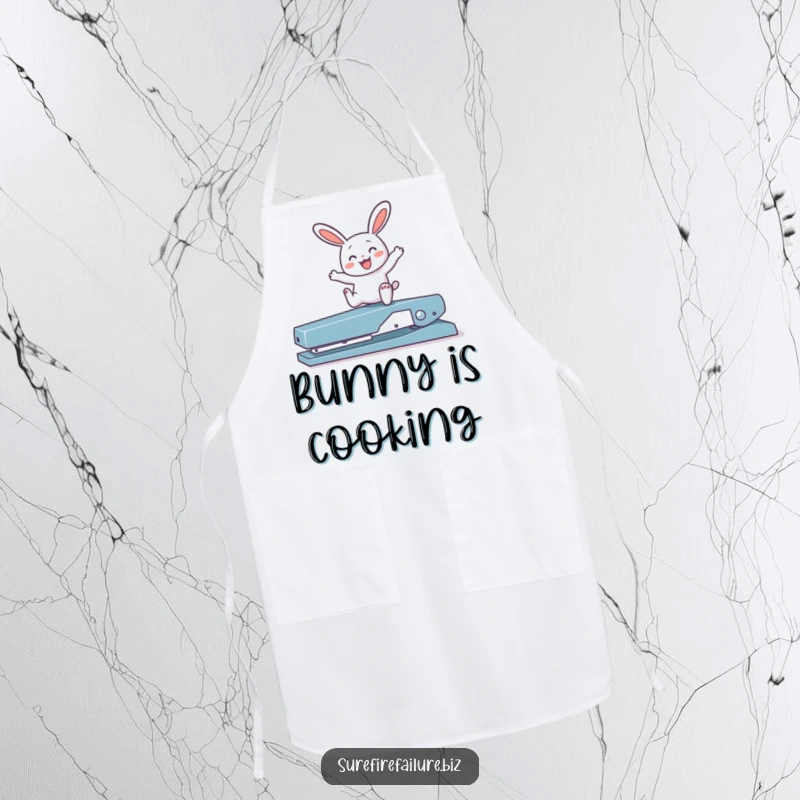 Funny bunny hopping joyfully over a broken stapler on a functional apron, ready for kitchen tasks with humor.