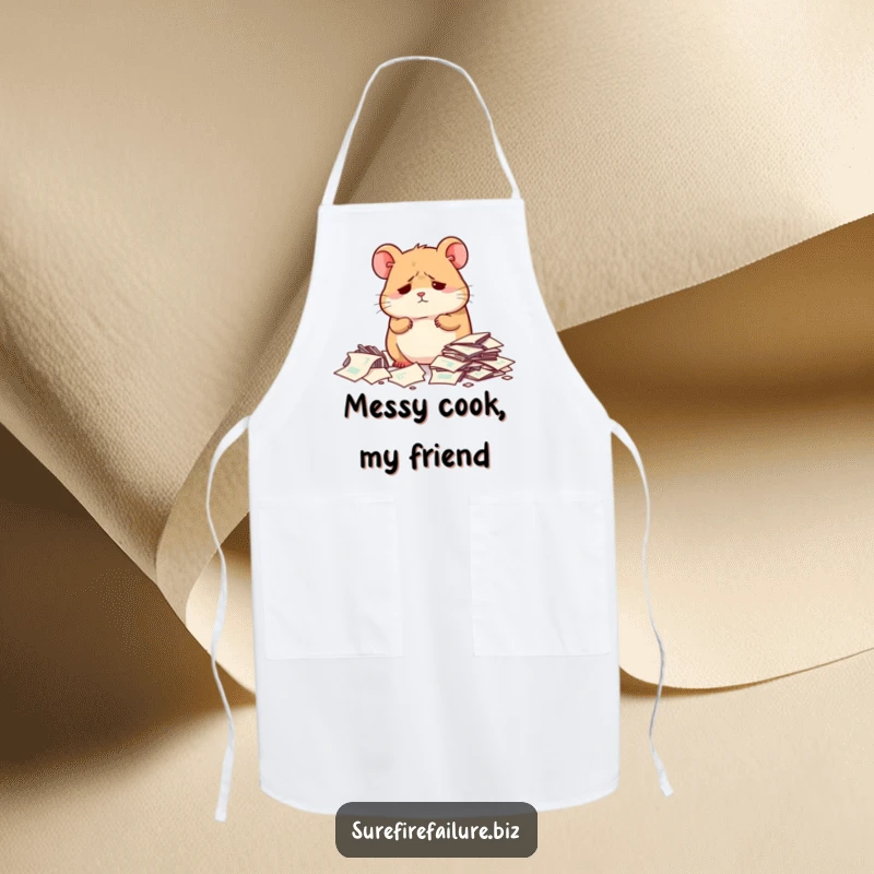 Funny hamster looking dejected next to scattered papers on a functional apron, ready for kitchen chaos with a smile.