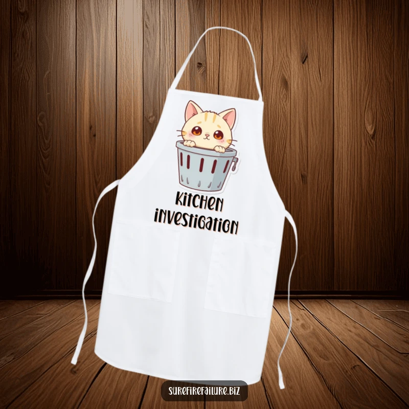Funny apron, a curious cat with big, innocent eyes peeking into an overturned wastebasket, perfect for kitchen humor.
