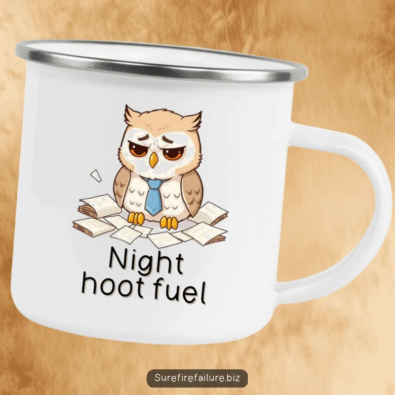 Funny dejected owl camping mug showing a sad animal with a droopy tie amidst scattered papers, perfect for outdoor humor