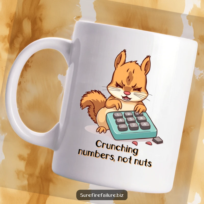 Funny squirrel mug with a frustrated animal attempting to use a broken calculator with chewed keys, relatable tech struggle humor