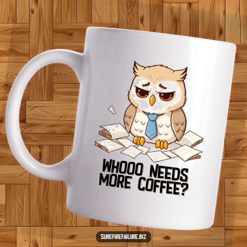 Funny dejected owl mug with a droopy tie sitting amidst scattered papers, capturing office fatigue and humor