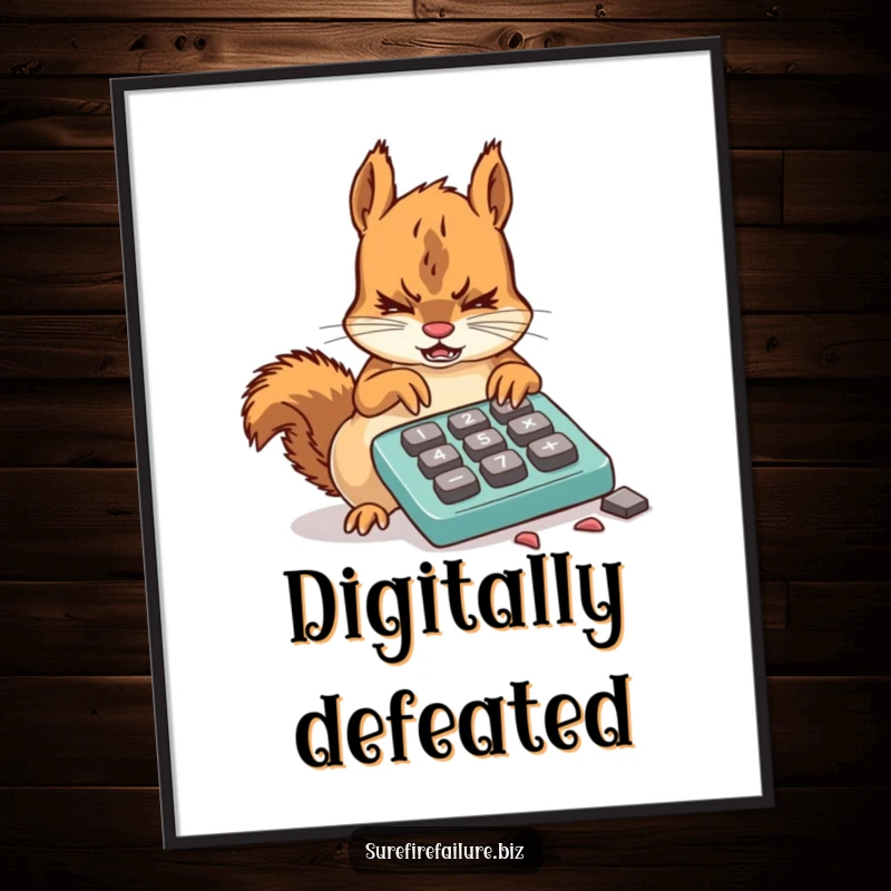 Funny squirrel digital art print showing a frustrated animal using a broken calculator with chewed keys, ideal for instant humorous decor