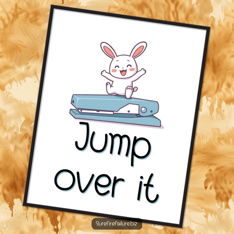 Funny bunny hopping joyfully over a broken stapler, available as a downloadable digital art print for instant cheer.