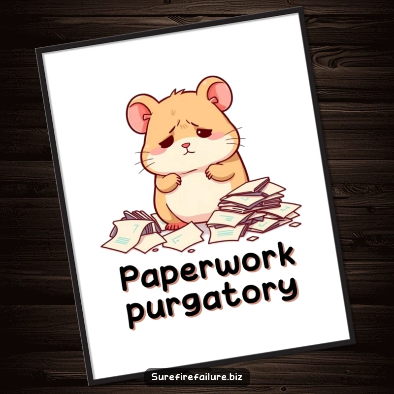 Funny hamster looking dejected beside scattered papers, available as a downloadable digital art print for relatable humor.