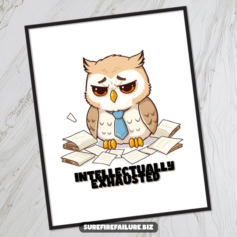 Funny dejected owl digital art print showing a sad animal with a droopy tie amidst scattered papers, ideal for instant humorous decor