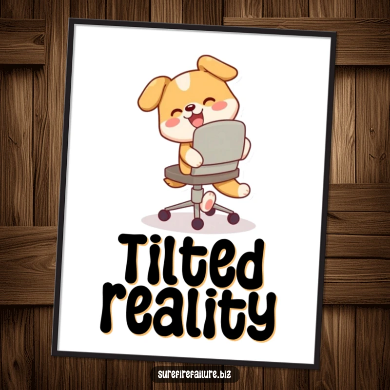 Funny digital art print, a happy dog comically chasing its tail around a tilted desk chair, cheerful wall decor.