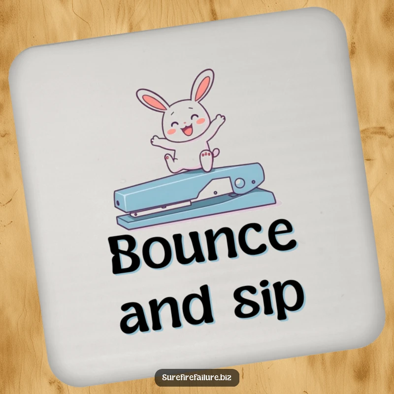 Funny bunny hopping joyfully over a broken stapler on a set of durable drink coasters, adding humor to tabletops.