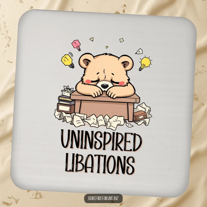 Funny bear desk drink coaster featuring a weary animal slumped over a desk and crumpled ideas, perfect for humorous protection