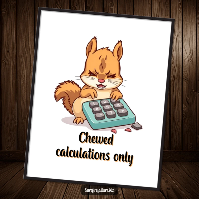 Funny squirrel poster depicting a frustrated animal attempting to use a broken calculator with chewed keys, perfect for humorous decor