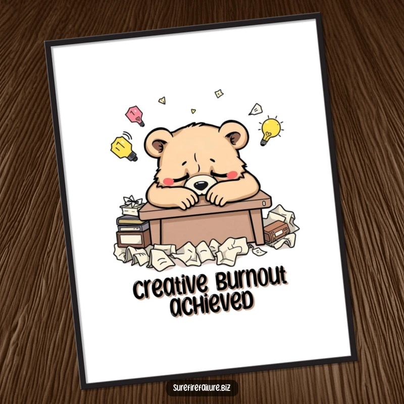 Funny bear poster depicting a weary animal slumped over a desk surrounded by crumpled ideas, perfect for humorous decor