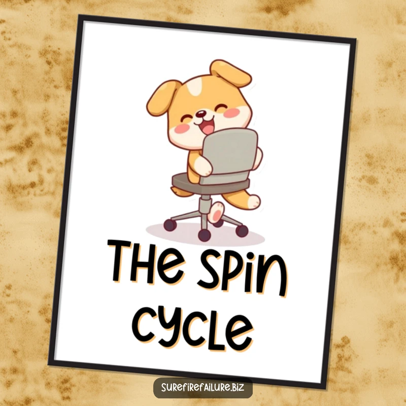 Funny poster, a happy dog comically spinning around a tilted desk chair while chasing its tail, a humorous scene.