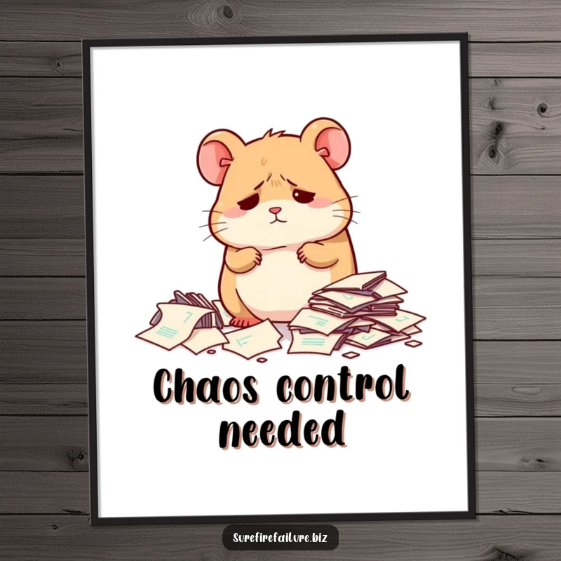 Funny hamster looking dejected beside a pile of scattered papers on a poster, a humorous piece of wall art.