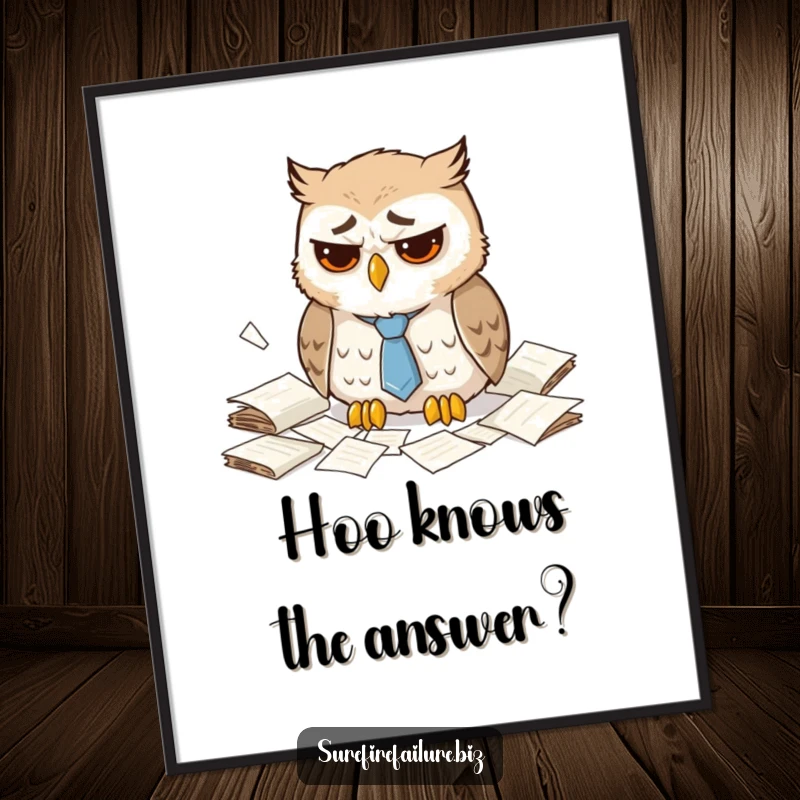 Funny dejected owl poster depicting a sad animal with a droopy tie amidst scattered papers, perfect for humorous office decor