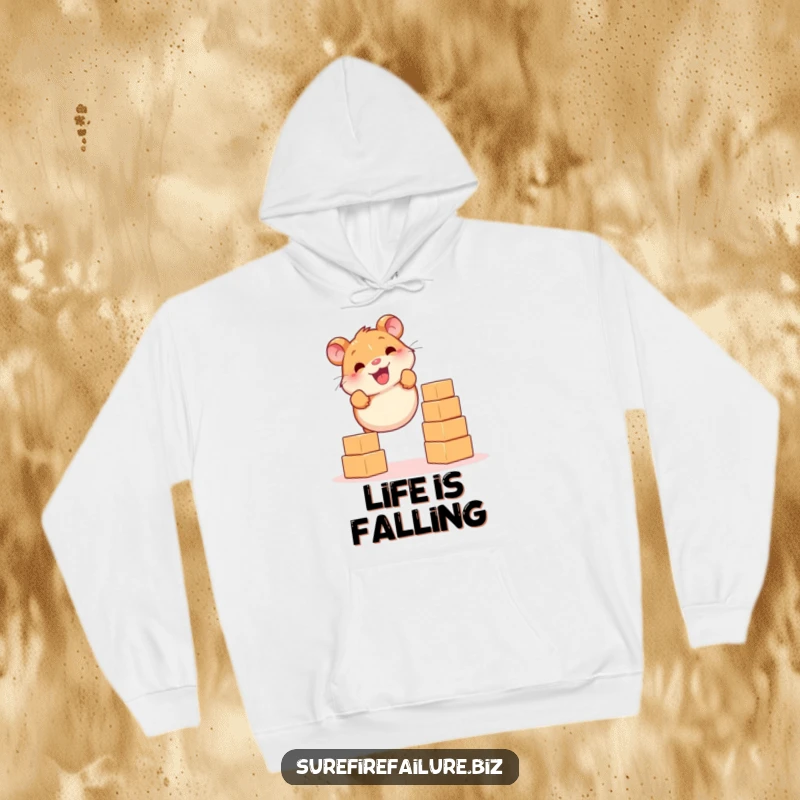 Funny hamster smiling while balancing falling blocks on a warm hoodie, a cozy and humorous piece of apparel.