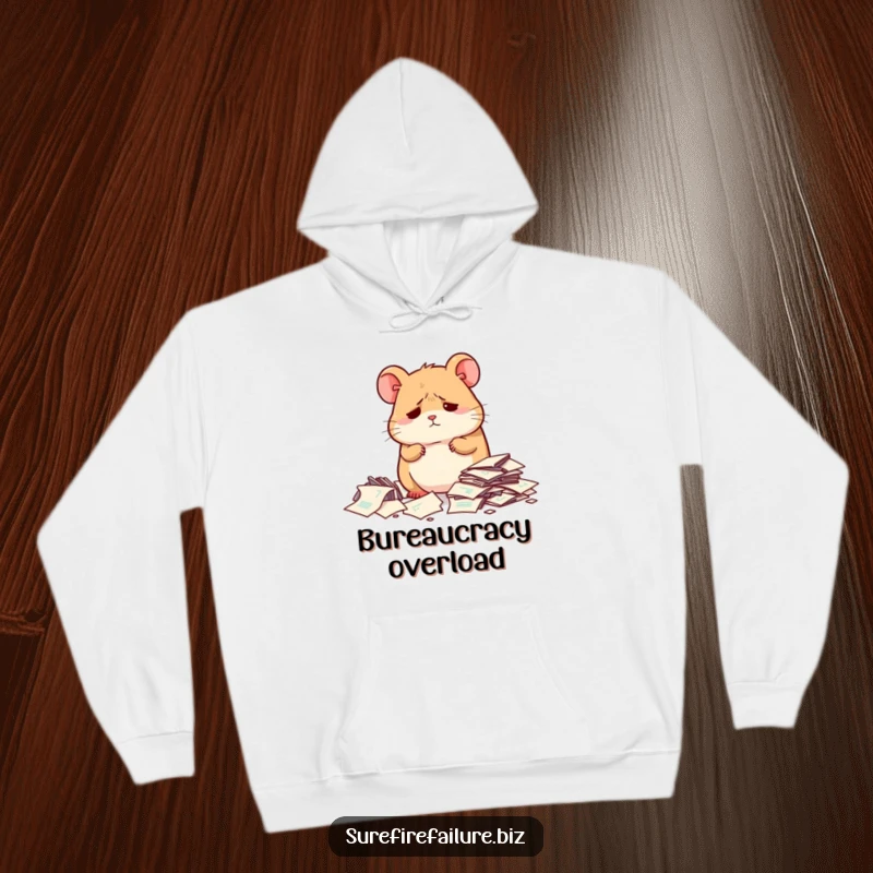 Funny hamster looking dejected beside scattered papers on a warm hoodie, a comforting and humorous piece of apparel.