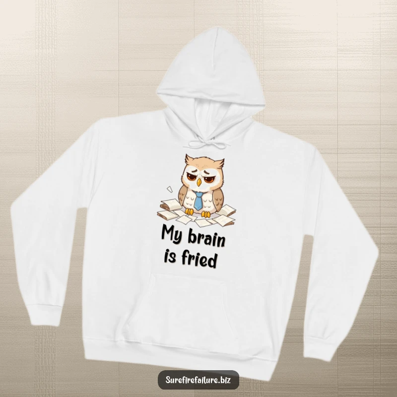 Funny dejected owl hoodie showing a sad animal with a droopy tie amidst scattered papers, perfect for cozy office vibes