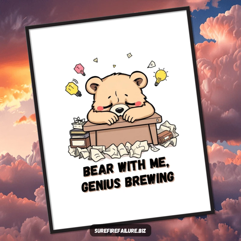 Funny Free Printable Wall Art of a weary bear asleep at a desk, surrounded by discarded, crumpled ideas.