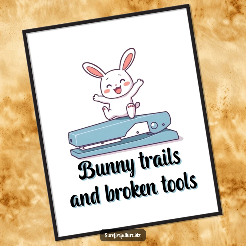 Funny Free Printable wall art featuring a joyful bunny happily hopping over a broken stapler, exuding freedom.