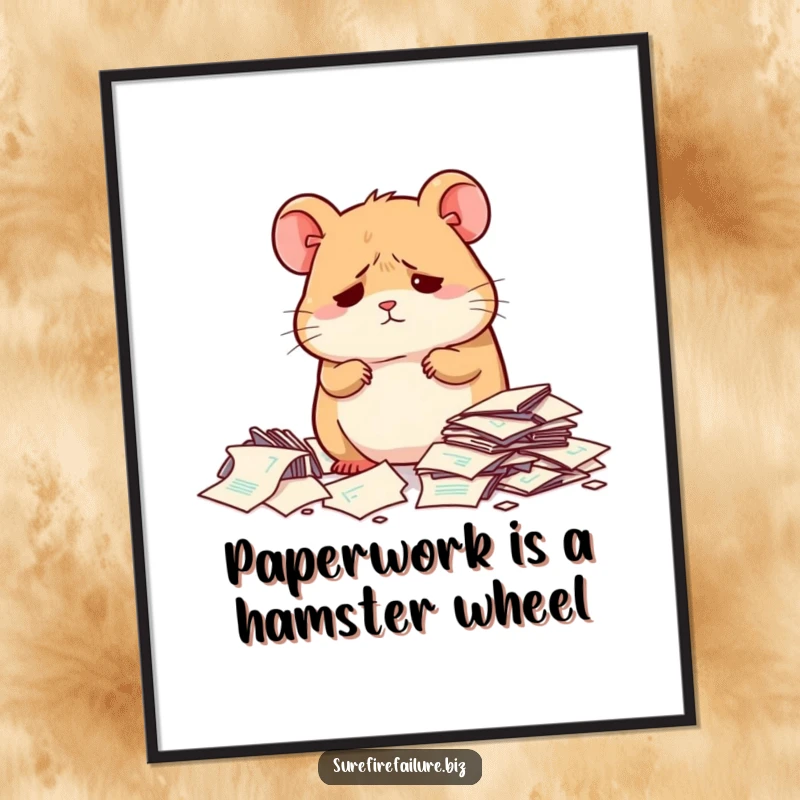 Funny Free Printable wall art featuring a dejected hamster looking overwhelmed by a pile of scattered papers.