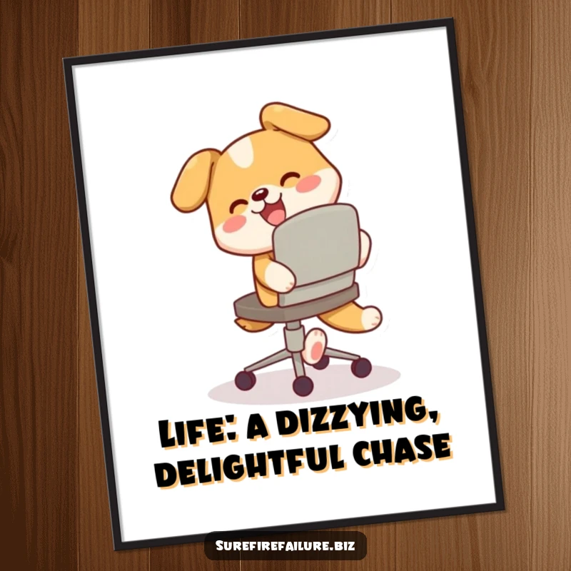 Funny Free Printable Wall Art: A happy dog spinning wildly around a tilted desk chair, pure fun.
