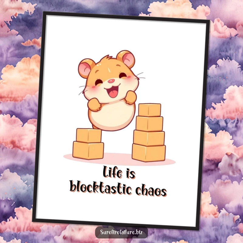 Funny Free Printable wall art of a smiling hamster attempting to balance a stack of falling blocks, representing life's challenges.