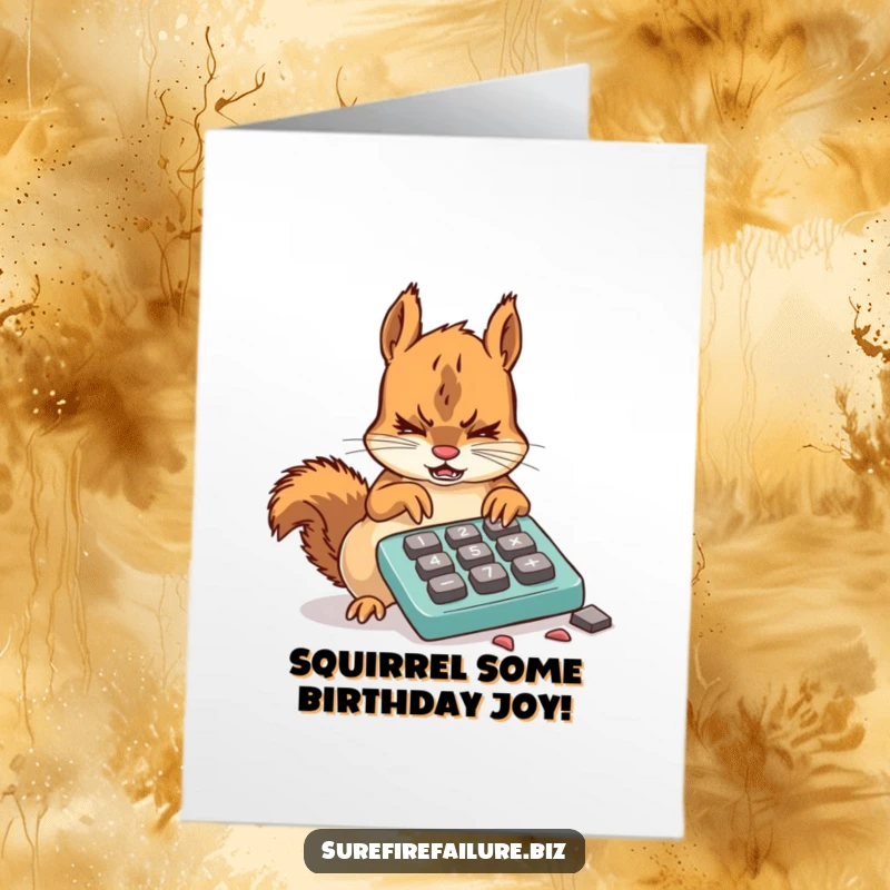 Funny Free Printable Birthday Card showing a frustrated squirrel struggling with a broken calculator and chewed keys.