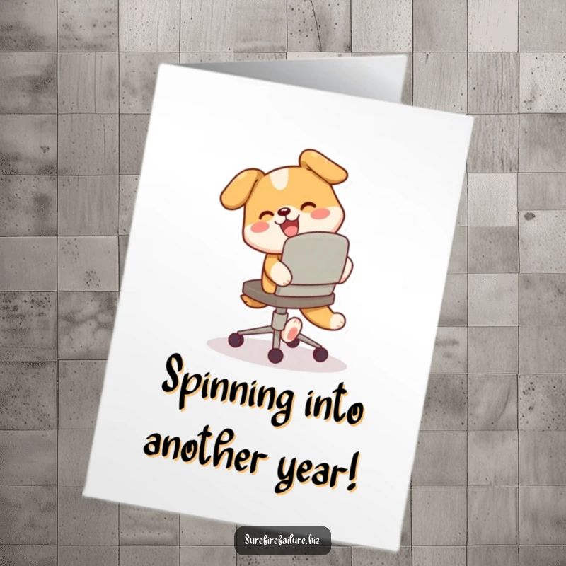 Funny Free Printable Birthday Card: Happy dog chasing its tail around a tilted office chair, pure birthday chaos.