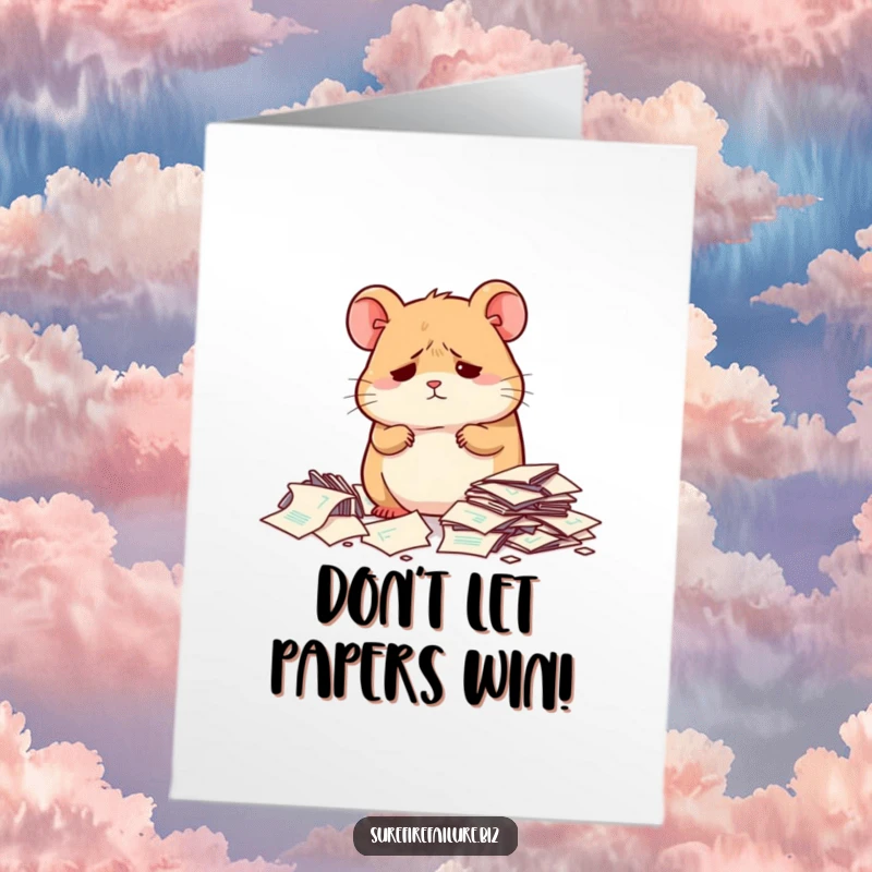 Funny Free Printable congratulations card showing a dejected hamster amidst scattered papers, hilariously relatable.