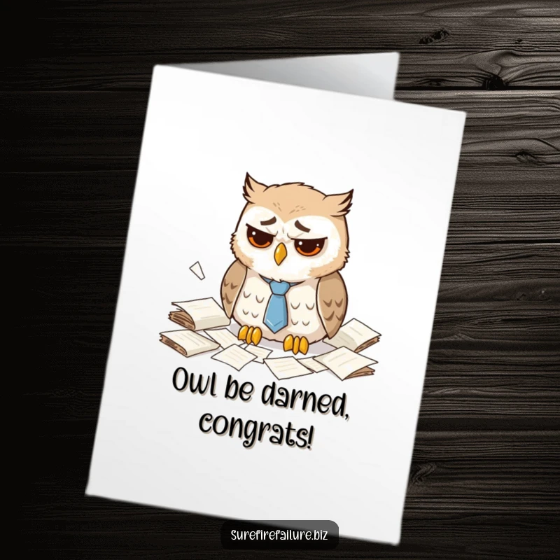 Funny Free Printable Congratulations Card showing a tired owl with a loose tie amidst scattered documents.