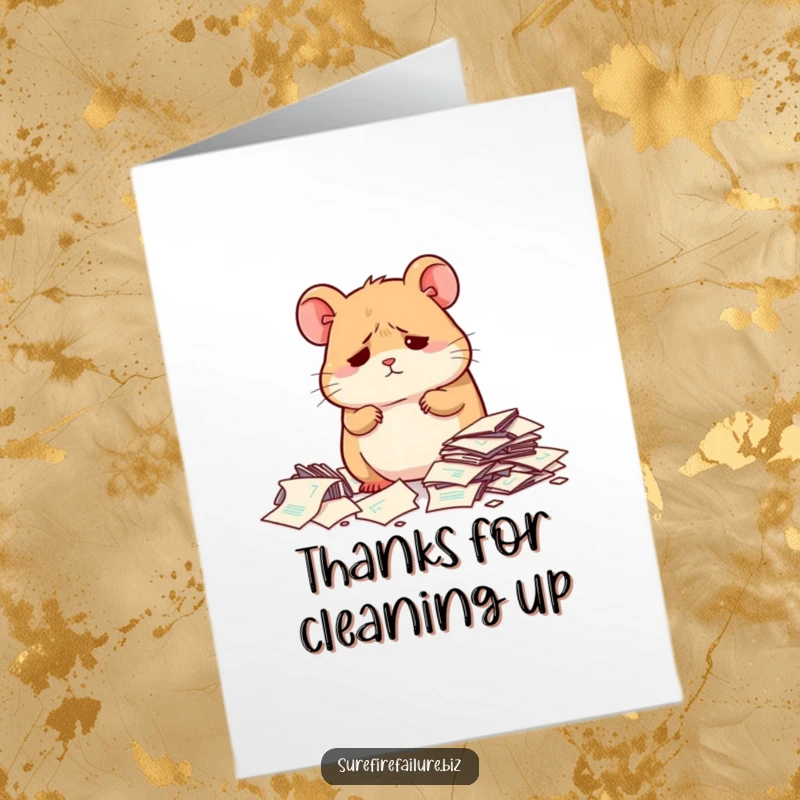 Funny Free Printable thank you card with a dejected hamster looking over scattered papers, offering thanks.