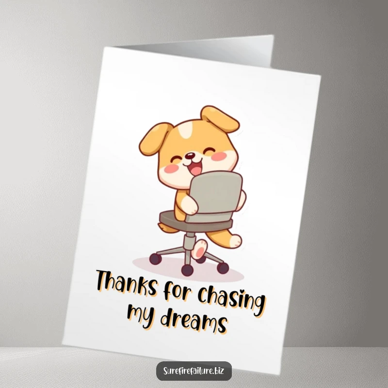 Funny Free Printable Thank You Card: Happy dog joyfully chasing its tail around a tilted chair.