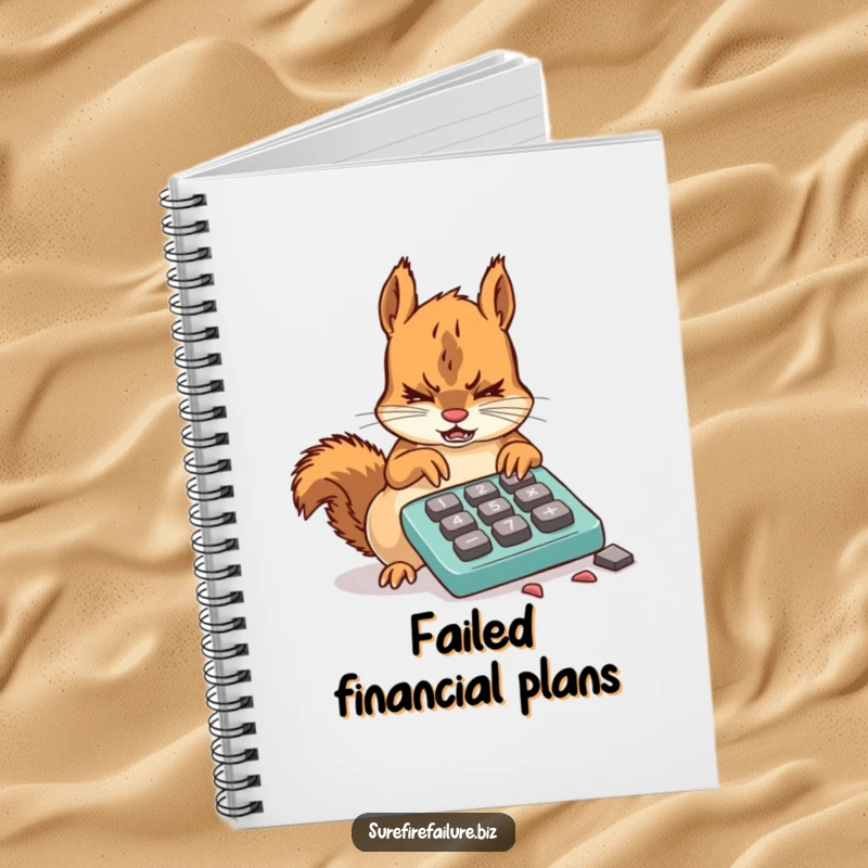 Funny squirrel notebook featuring a frustrated animal using a broken calculator with chewed keys, ideal for jotting down thoughts