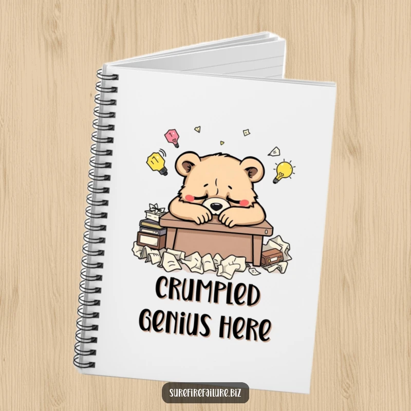 Funny bear desk notebook featuring a weary animal slumped over a desk and crumpled ideas, ideal for jotting down creative thoughts
