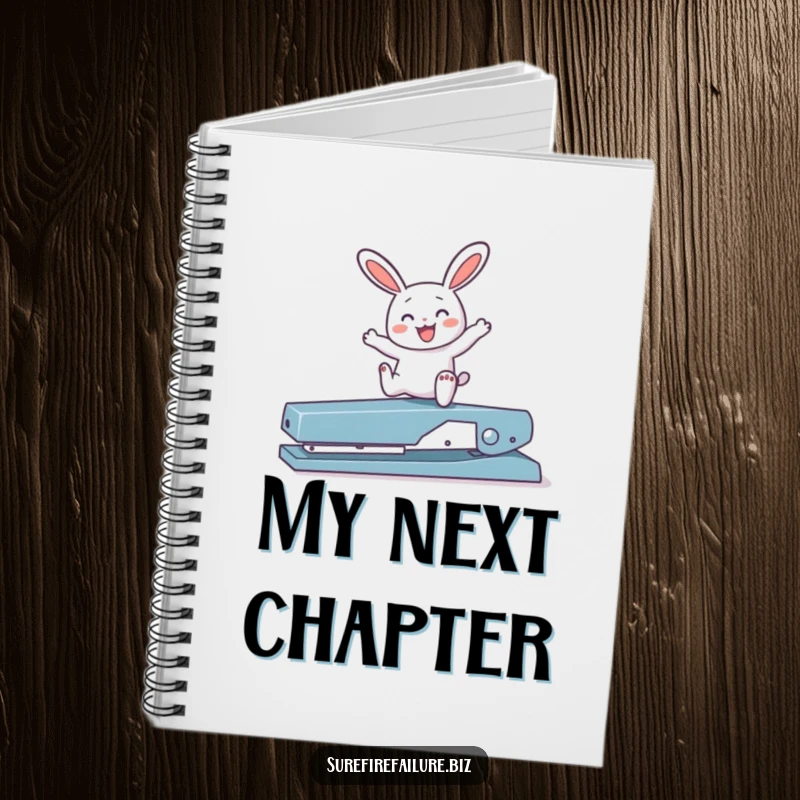 Funny bunny hopping joyfully over a broken stapler on a lined notebook cover, encouraging optimistic thoughts and creative writing.