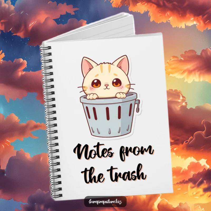 Funny notebook, a curious cat character peeking into a tipped wastebasket, designed for capturing notes and humor.
