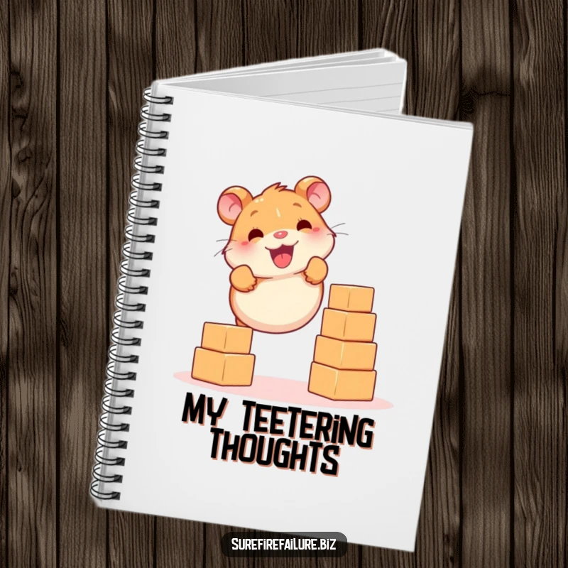 Funny hamster smiling while balancing falling blocks on a lined notebook cover, encouraging perseverance and organized thoughts.