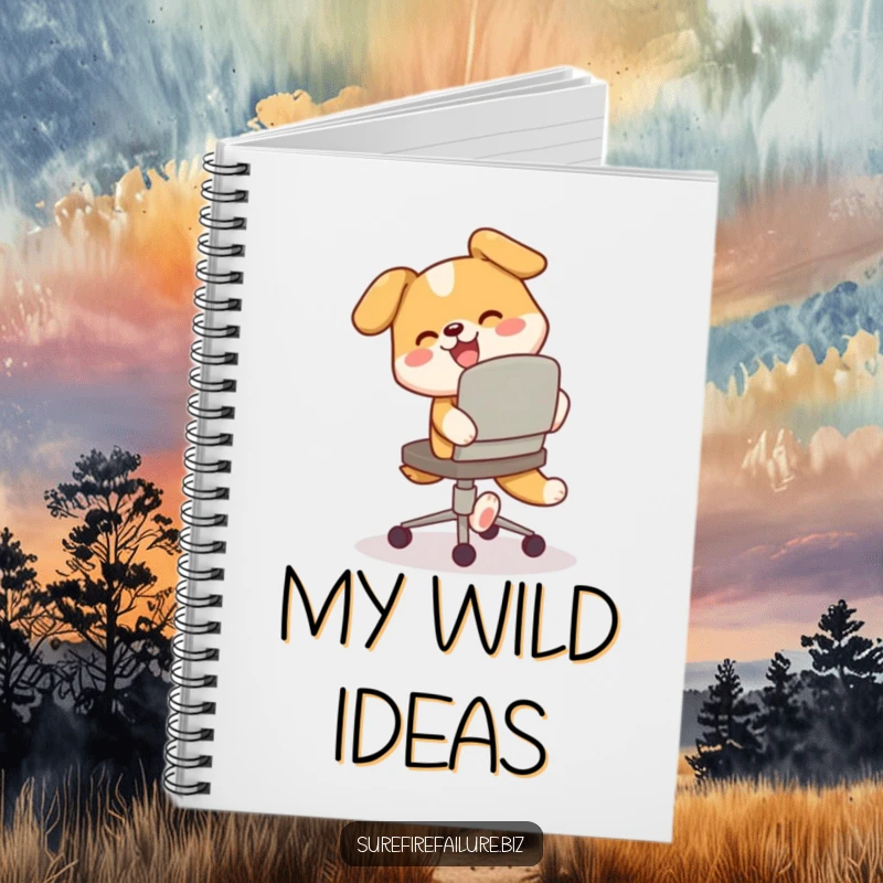 Funny notebook, a happy dog character chasing its tail around a tilted desk chair, designed for creative note-taking.