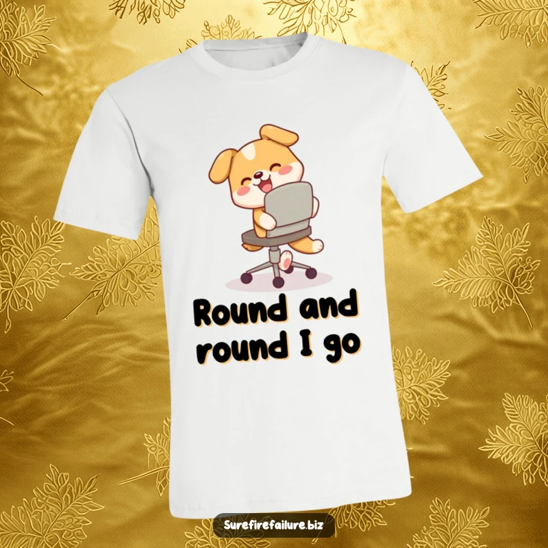 Funny t-shirt, a happy dog comically chasing its tail around a tilted desk chair, conveying pure canine delight.