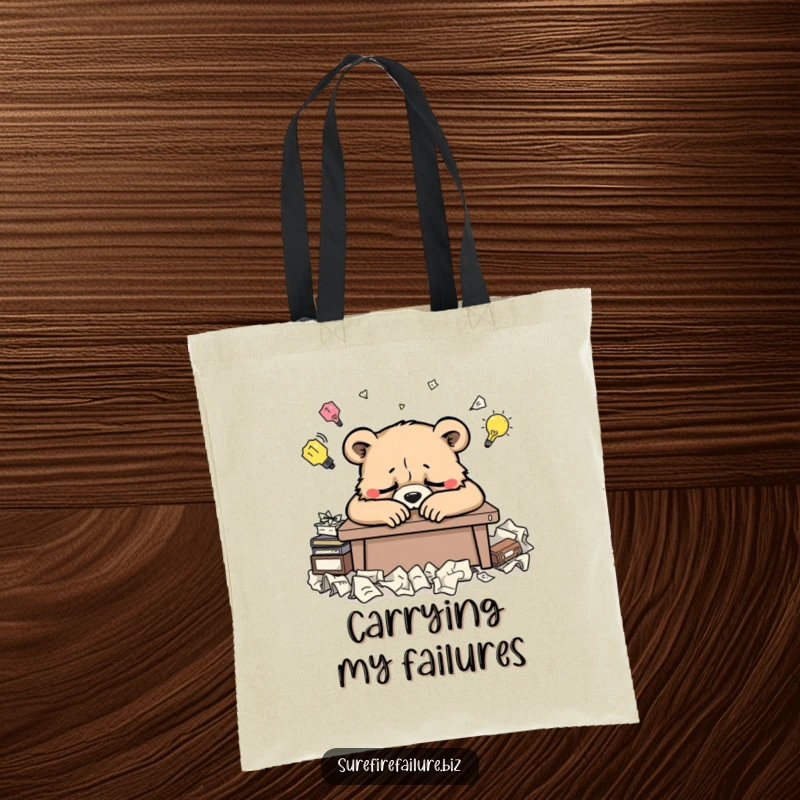 Funny bear tote bag with a weary animal slumped over a desk and crumpled ideas, ideal for humorous everyday use