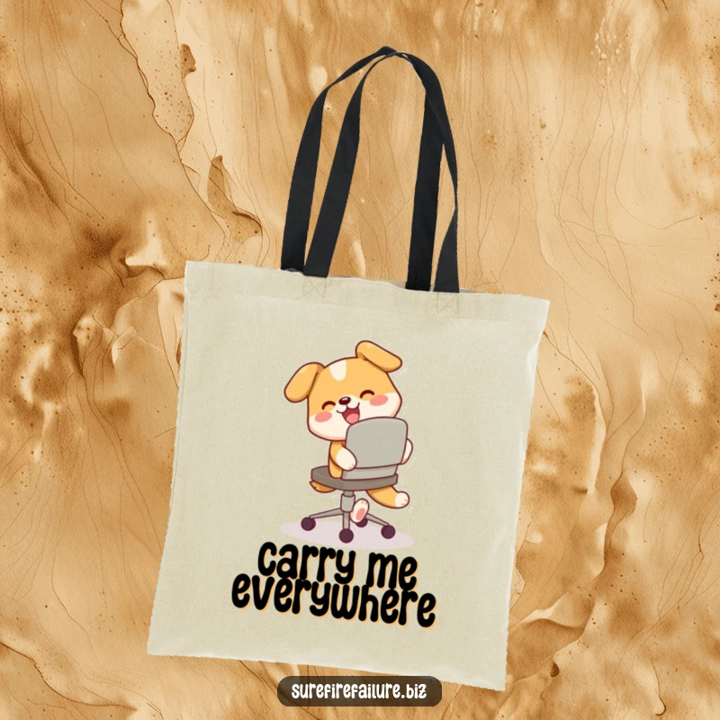 Funny tote bag, a happy dog chasing its tail in a circle around a tilted office chair, showcasing playful antics.